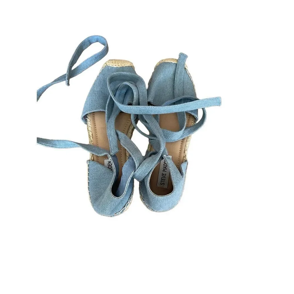 Steve Madden Womens Blue Denim Ankle Wrap Rosette Espadrilles Flat Size 8